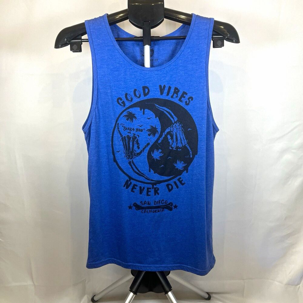 SD Trading Co Women's Blue Graphic Print Tank "Good Vibes Never Die" Size Small